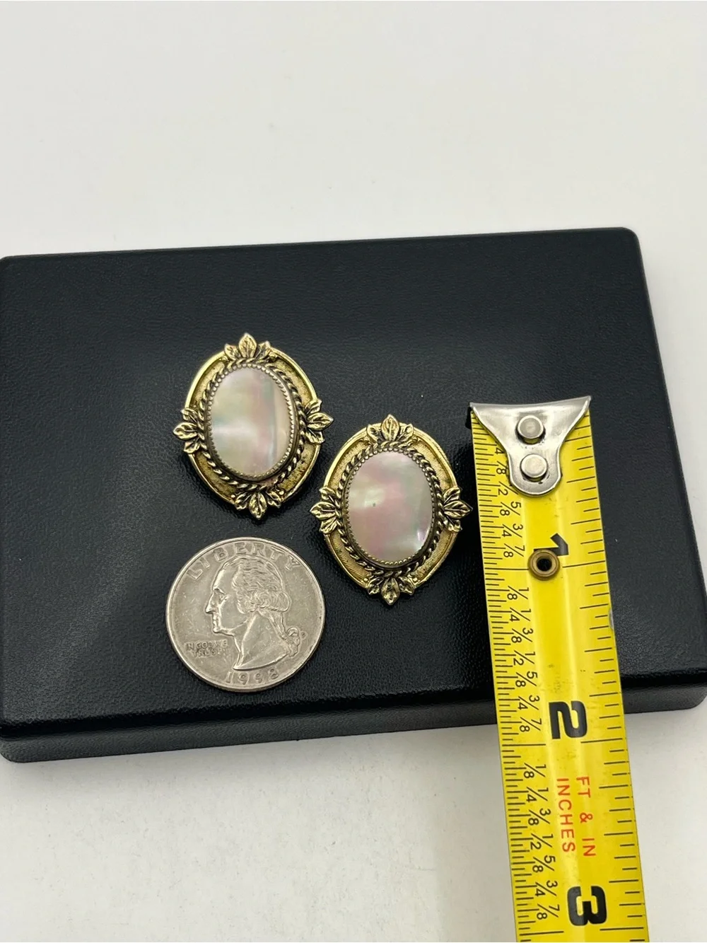 Whiting & Davis 1950’s Victorian Revival Gold tone mother of pearl clip earrings